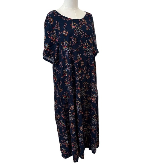 Women's 2X Blue Floral Casual Curvy Babydoll Midi PLUS Short Sleeve Cotton Dress - Picture 2 of 9